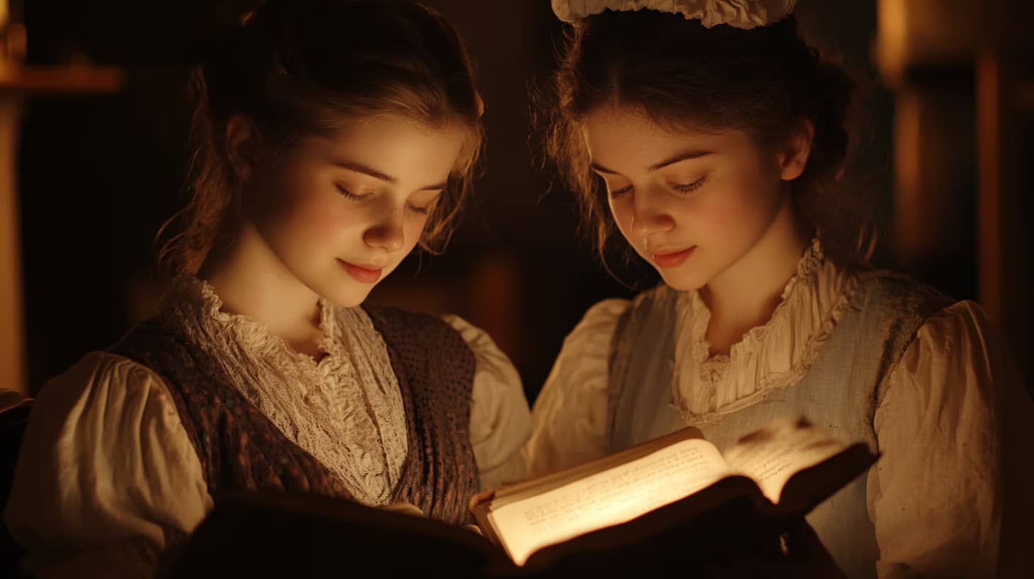 Two young women in vintage clothing read a glowing book together. The scene is warmly lit, creating a cozy and intimate atmosphere. They appear deeply focused and engaged with the story.