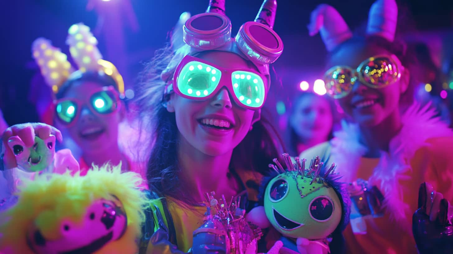 A group of friends at a party, wearing glowing goggles and holding colorful toys. The vibrant neon lights create a lively atmosphere, highlighting their playful outfits and accessories in shades of purple, blue, and yellow.