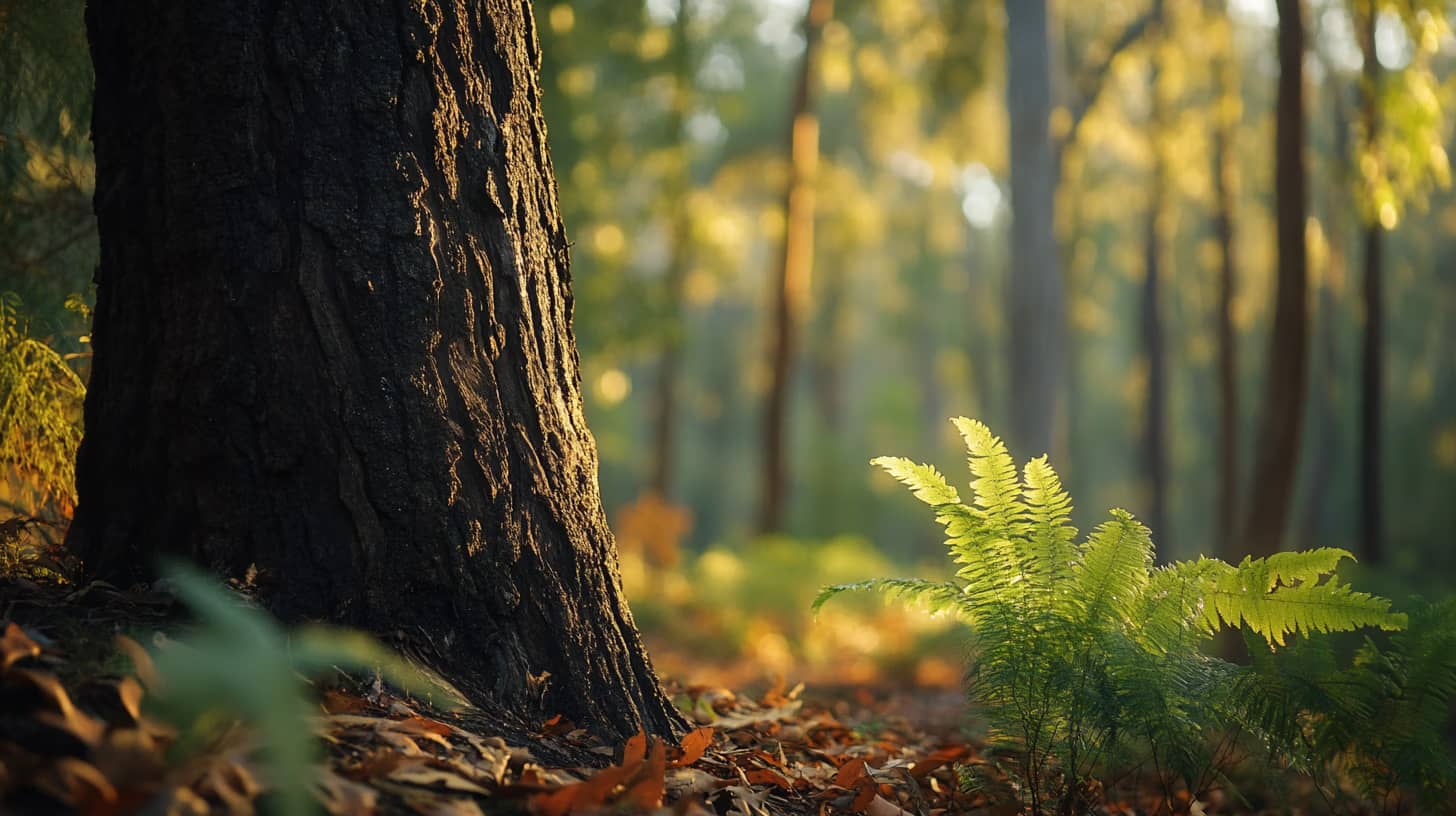 Sunlight filters through a dense forest, illuminating a tall tree trunk in the foreground. Bright green ferns and scattered autumn leaves cover the forest floor, creating a serene, warm atmosphere.