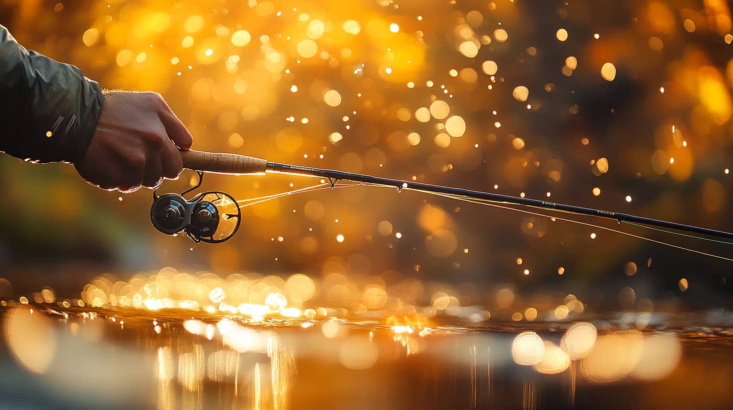A person's hand holding a fishing rod over a shimmering, sunlit body of water. The background is blurred with golden bokeh, creating a warm and serene atmosphere.