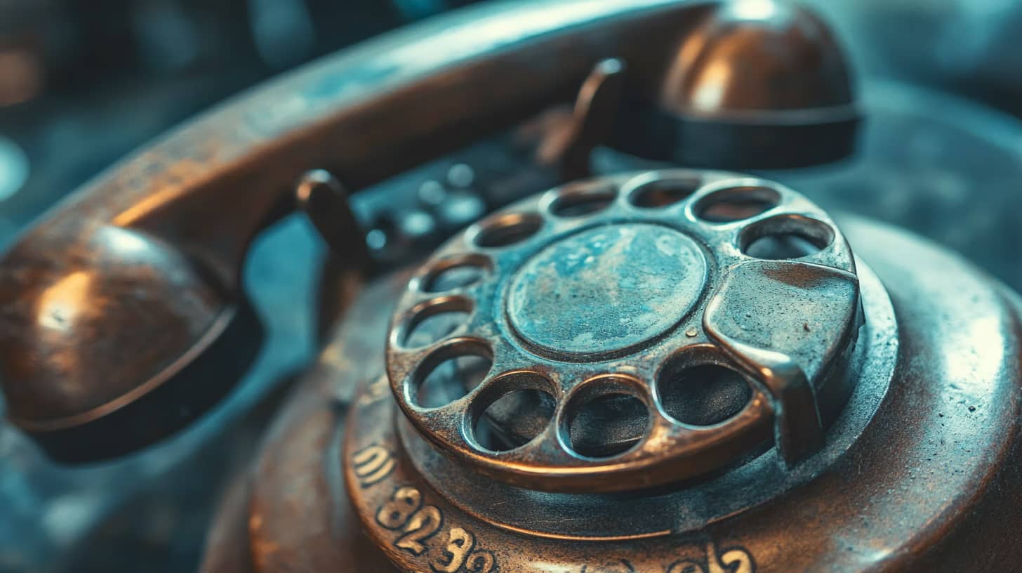 Close-up of a vintage rotary telephone with a worn, metallic finish. The image highlights the dial and handset, evoking a sense of nostalgia. The numbers on the dial are slightly faded, suggesting age and frequent use.