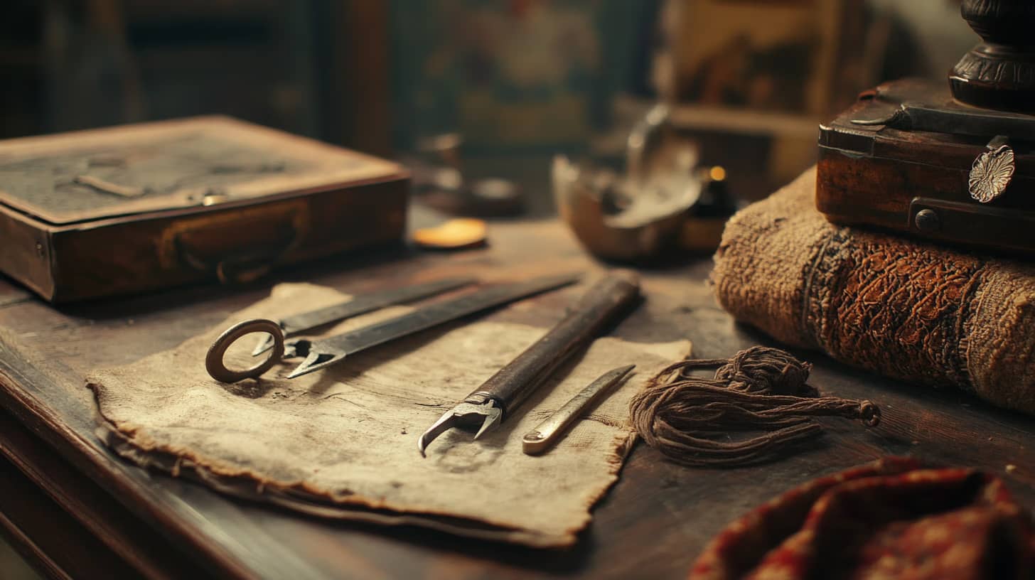 A rustic wooden table with vintage tools, including pliers, a wrench, and a metal lever on an aged parchment. Nearby are a closed wooden box, a coiled rope, and a stack of weathered books, creating an antique workshop atmosphere.
