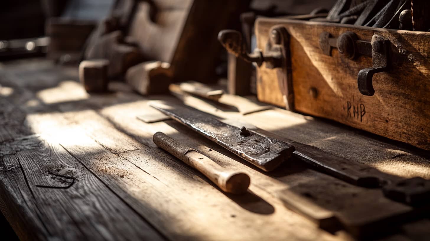 A rustic woodworking bench bathed in warm sunlight holds vintage hand tools, including a chisel and a hammer, against a backdrop of aged wood and an antique tool chest. Dust adds to the sense of nostalgia and craftsmanship.