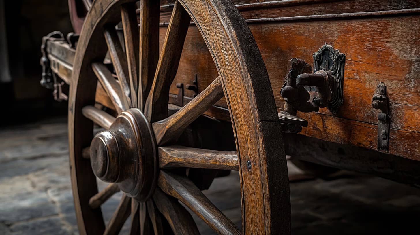 Close-up of a vintage wooden wagon wheel attached to a richly detailed antique cart, with visible metal hinges and a weathered wood texture. The background is softly blurred, highlighting the intricate craftsmanship of the wheel.