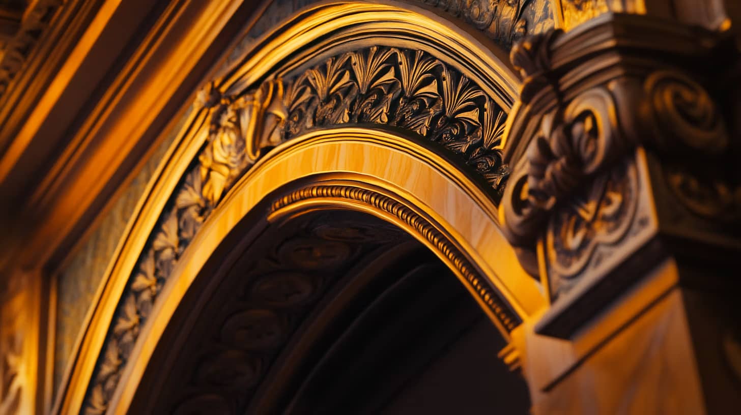 Close-up of an ornate, golden archway featuring intricate carvings and patterns. The architectural details include floral motifs and curved embellishments, illuminated by warm lighting, creating a rich and opulent appearance.