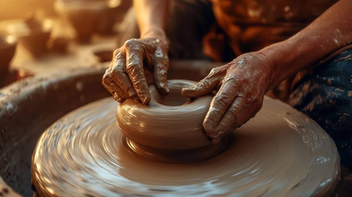 A potter's hands shape clay on a spinning wheel in warm, golden light. The scene captures the artistic and tactile process of pottery-making, with clay forming beneath skillful fingers.