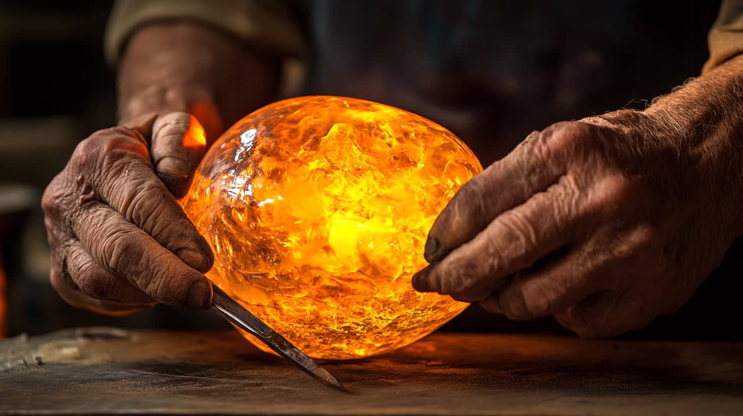 A close-up of an artisan's hands shaping a glowing, molten glass orb with a tool on a workbench. The orb emits a bright orange light, illuminating the surrounding area.