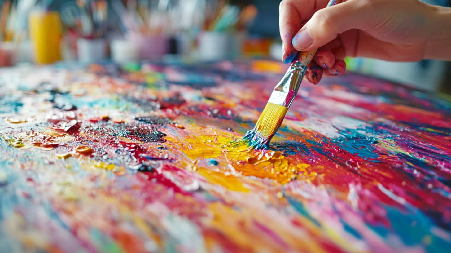 A hand holding a paintbrush applies vibrant colors to a canvas, creating a textured abstract painting. The artwork is a mix of bright blues, reds, yellows, and oranges, with blurred paint jars in the background.