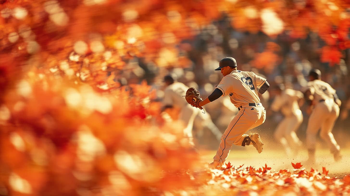 A baseball player in a beige uniform runs on a field during a game, surrounded by vibrant red and orange autumn leaves. Other players are visible in the background amidst a blurred, sunlit crowd.