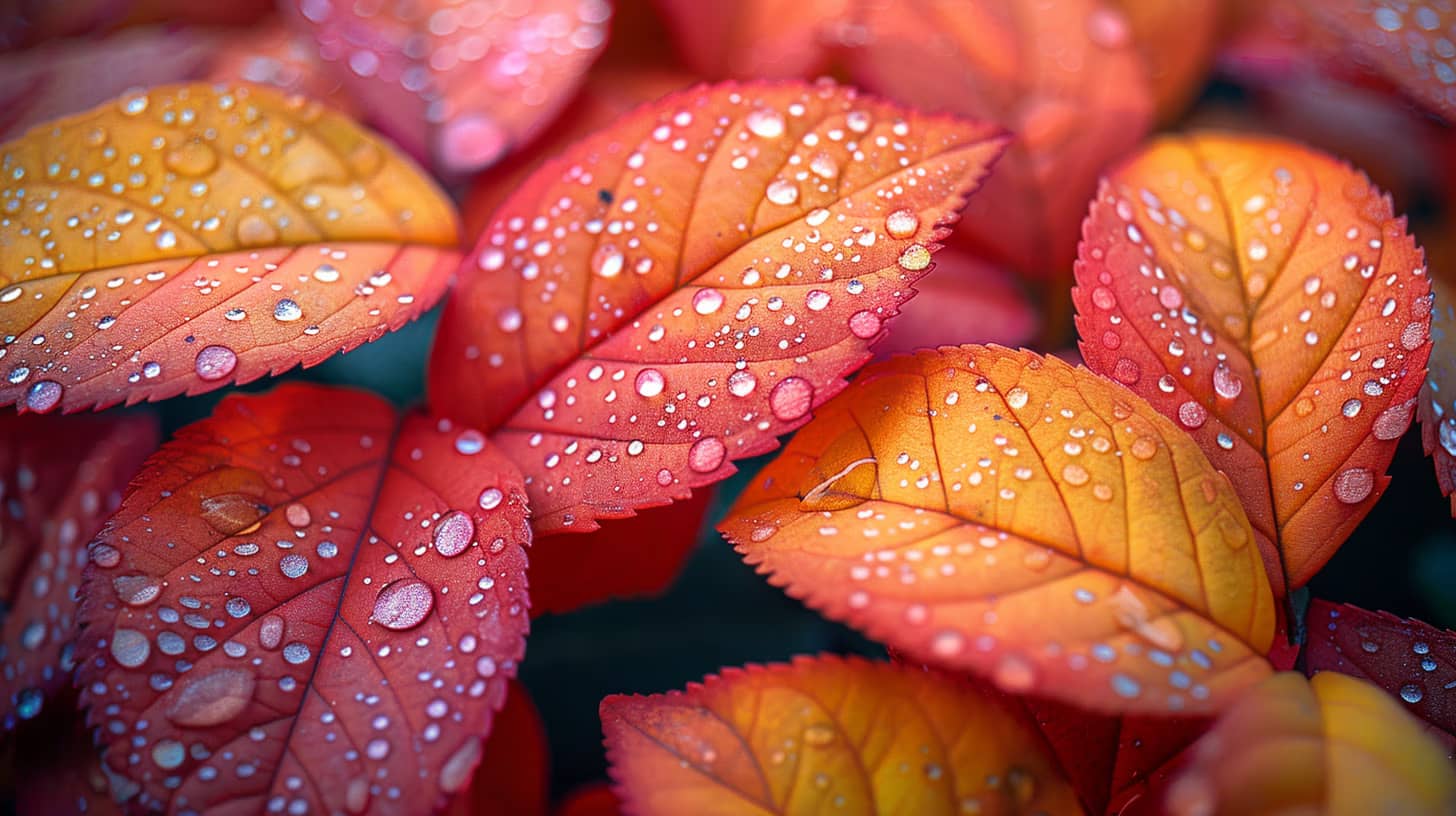 Close-up of vibrant autumn leaves in shades of red, orange, and yellow, covered with water droplets. The droplets reflect light, highlighting the intricate vein patterns on the leaves.