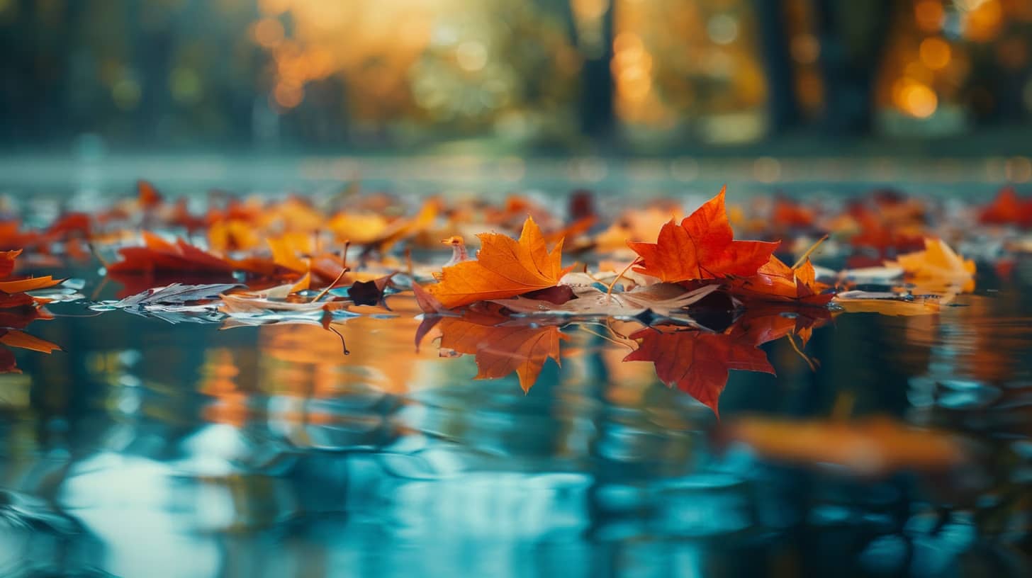 Autumn leaves in vibrant shades of orange and yellow float peacefully on calm water, reflecting the warm glow of a sunlit forest in the background. The scene captures the serene beauty of a tranquil fall day.