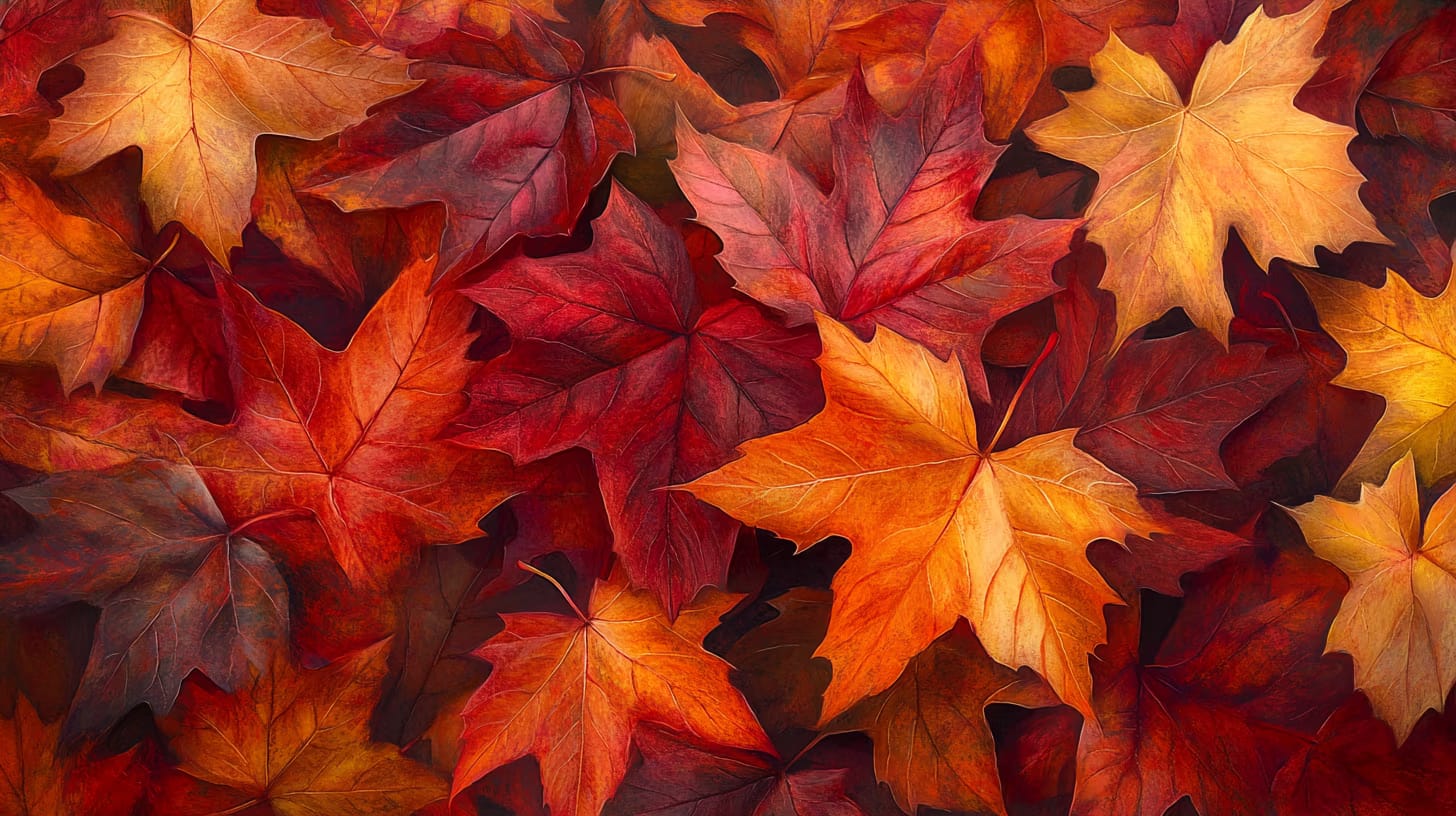A close-up of vibrant autumn leaves in various shades of red, orange, and yellow, overlapping each other. The texture and intricate details of the leaves are visible, creating a warm and seasonal atmosphere.