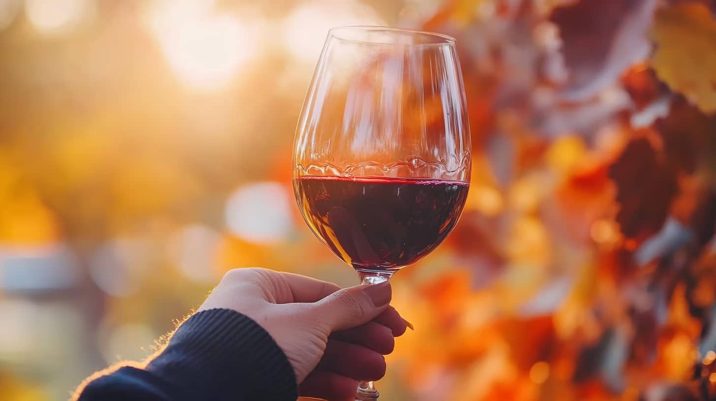 A hand holds a glass of red wine against a backdrop of colorful autumn leaves. The warm, golden sunlight filters through the foliage, enhancing the rich tones of the wine and creating a cozy, inviting atmosphere.