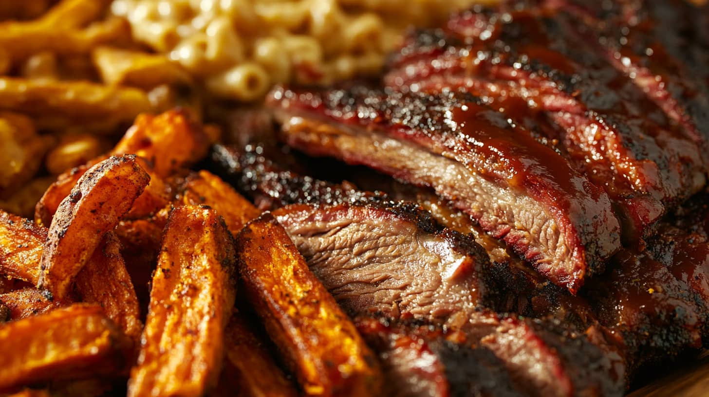 A close-up of a hearty meal featuring tender, glazed barbecue ribs garnished with sauce, accompanied by crispy sweet potato fries and creamy macaroni. The textures and colors create an appetizing display.