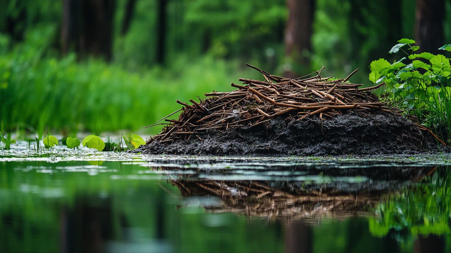 A beaver dam made of sticks and mud sits in a serene forest pond, surrounded by lush green plants. The water reflects the dam and the trees in the background, creating a peaceful nature scene.