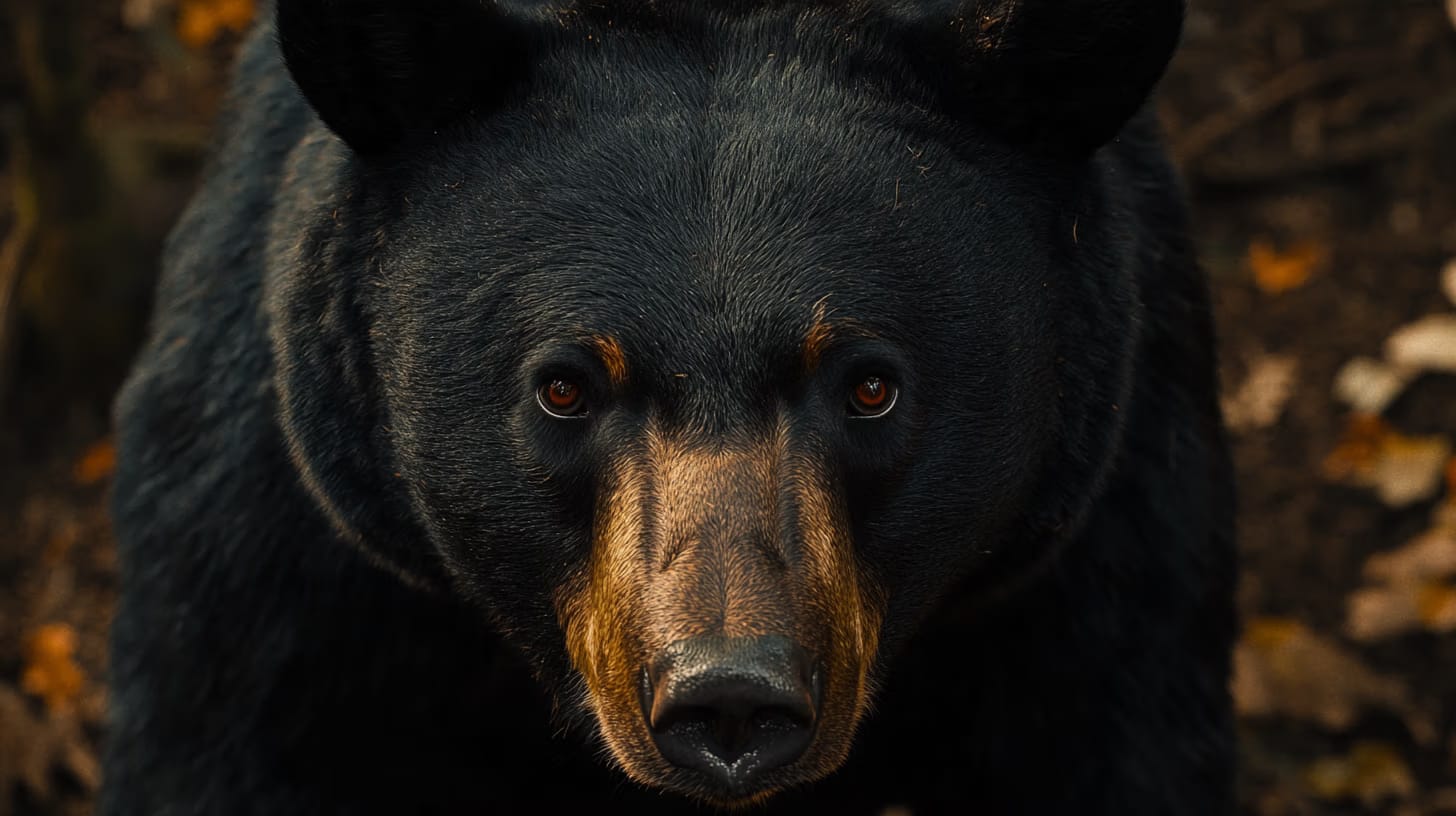 Close-up of a black bear with a glossy, dark coat and striking brown facial markings. The bear gazes directly at the camera with piercing eyes, amidst a background of dark foliage and scattered leaves.