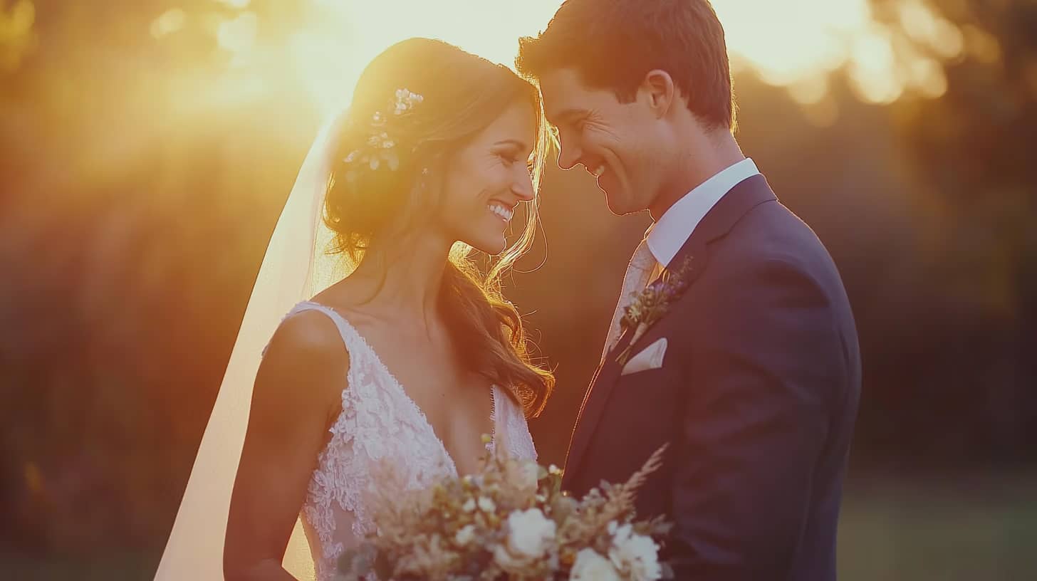 A bride and groom stand close together, smiling warmly at each other against a soft sunset backdrop. The bride holds a bouquet and wears a veil, while the groom is in a suit. They are bathed in golden light.