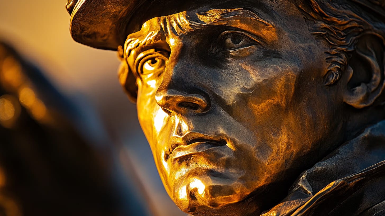 Bronze statue of a person, focusing on the face, wearing a hat. The sculpture is detailed with intense features, and it's illuminated by warm, golden light, highlighting the smooth texture and expressive gaze.