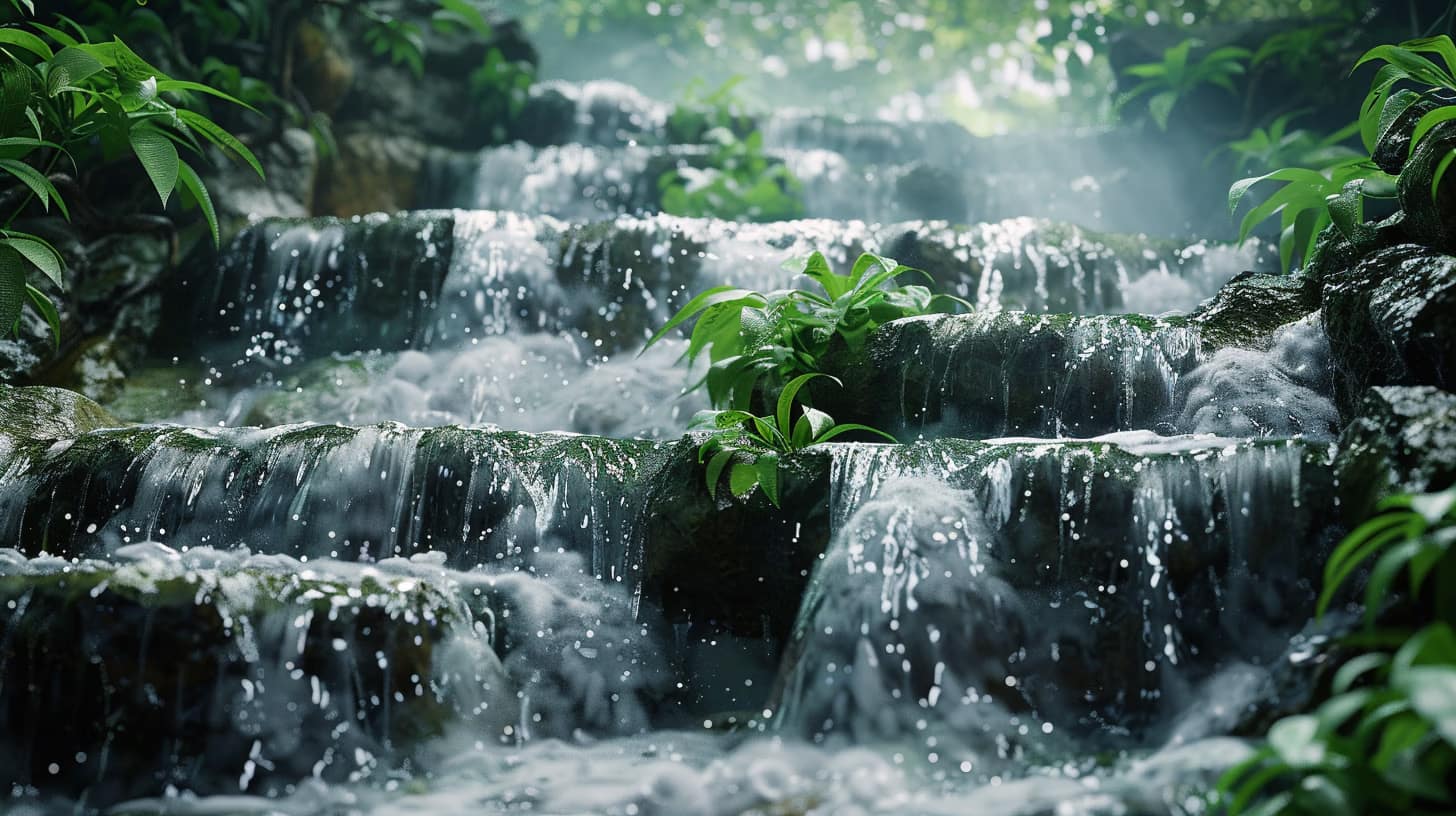 A tranquil scene of a cascading waterfall flowing over moss-covered rocks surrounded by lush green plants. Sunlight filters through the trees, creating a serene atmosphere with mist rising from the water.