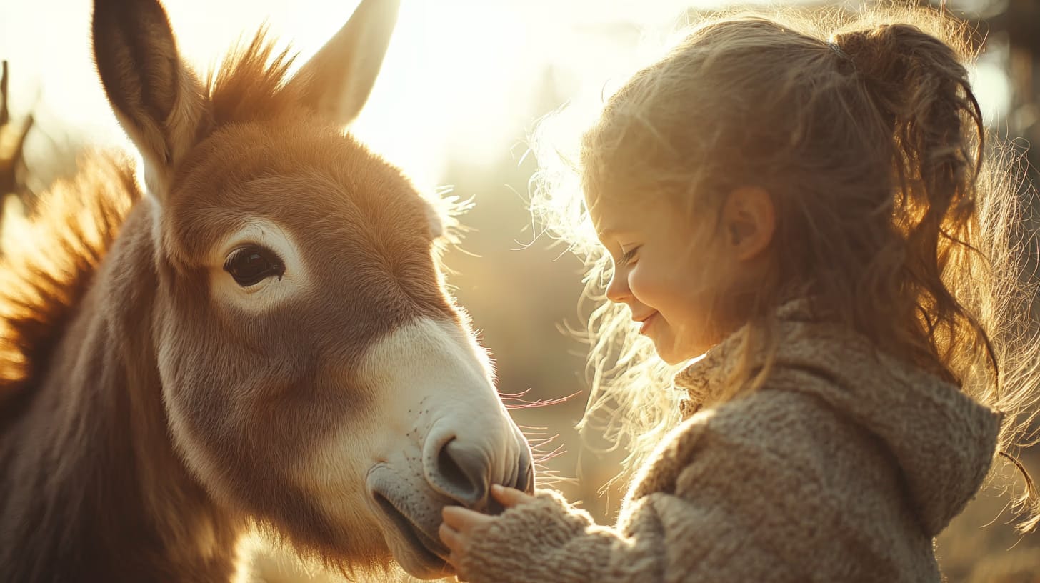 A young girl with curly hair smiles while gently touching a donkey's nose. The sun shines brightly in the background, creating a warm, glowing atmosphere. Both the girl and the donkey appear content and peaceful.