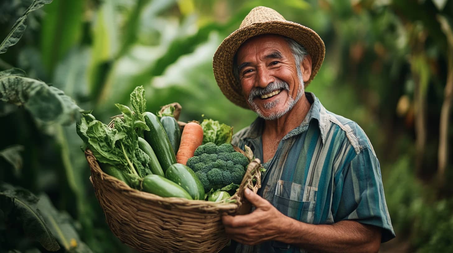 Elderly man in a straw hat smiling and holding a basket of fresh vegetables, including lettuce, zucchini, a carrot, and broccoli, surrounded by lush greenery in a garden or farm setting.