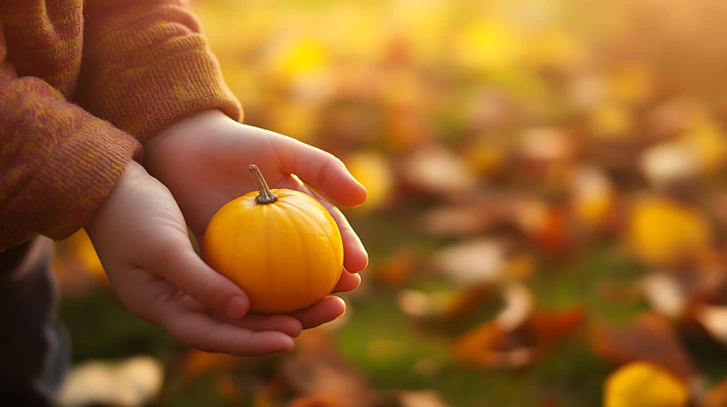A child in a cozy sweater holds a small orange pumpkin with both hands. The background is filled with soft-focus autumn leaves, creating a warm and seasonal atmosphere.