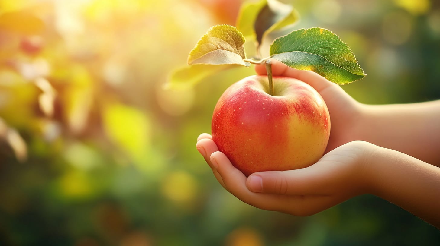 A pair of hands gently hold a ripe red and yellow apple with green leaves attached, set against a sunlit, blurred natural background.