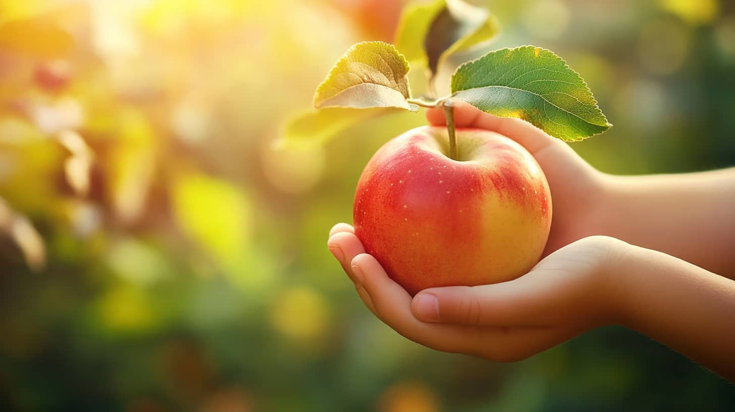 A child's hands gently holding a ripe red apple with a small branch and leaves, set against a softly blurred, sunlit background.