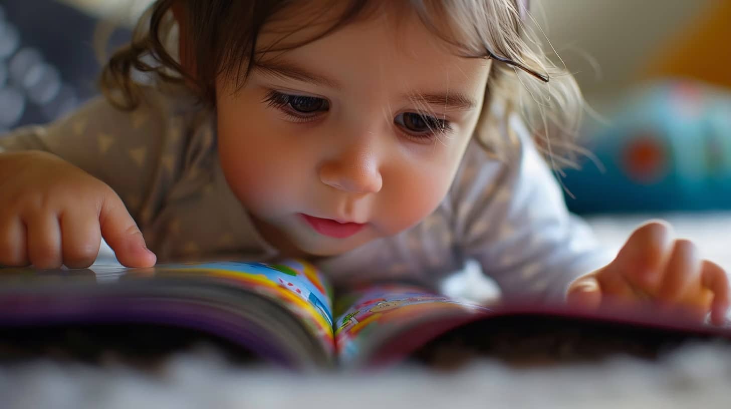 A young child with curly hair is intently looking at a colorful book. They are lying on their stomach on a soft surface, focused on the pages in front of them. The background is softly blurred.