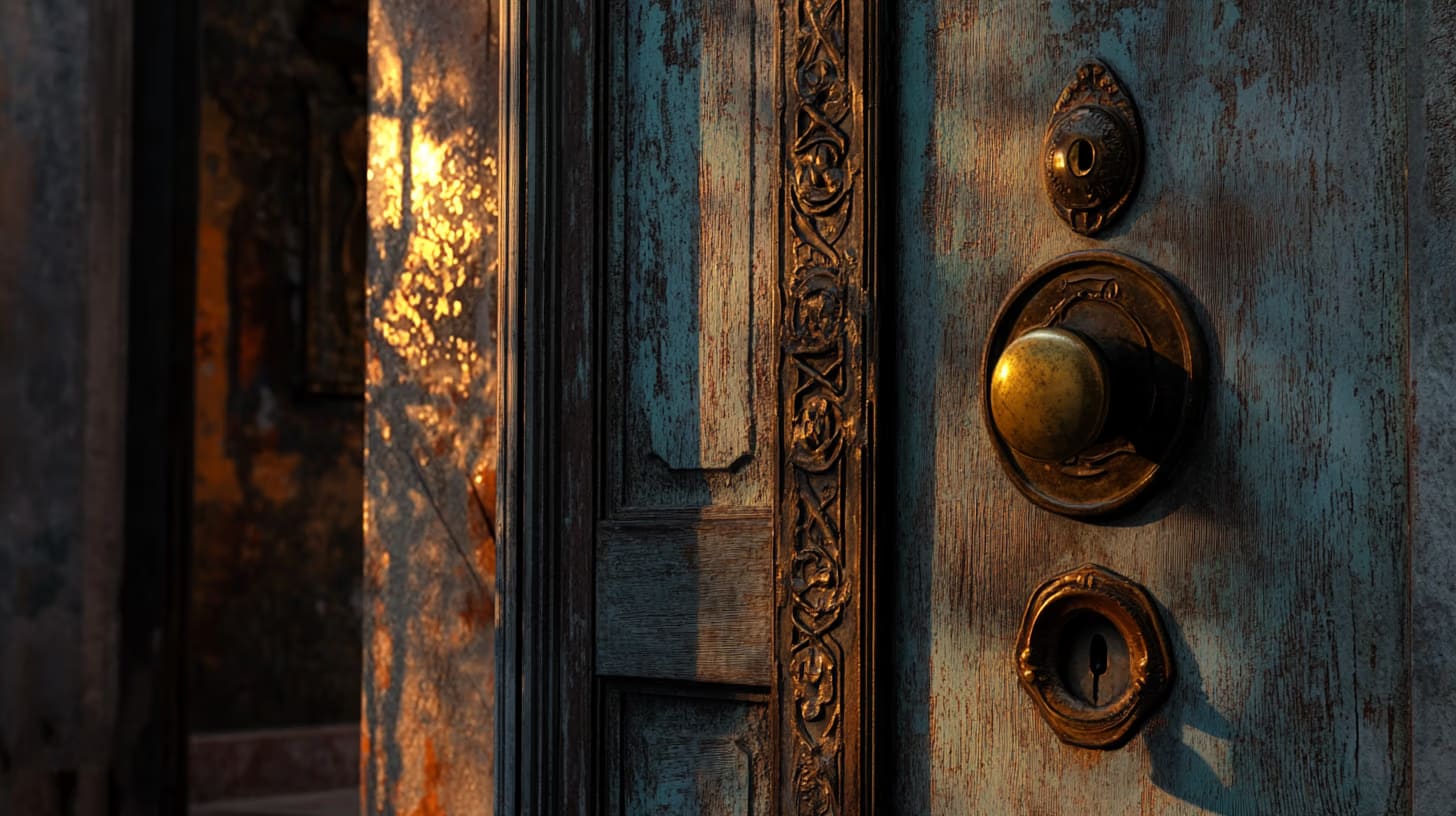 A close-up of an ornate, weathered blue door with intricate carvings. Sunlight casts a warm glow on the door, highlighting a brass doorknob and keyhole. The background is dimly lit, suggesting an inviting interior.
