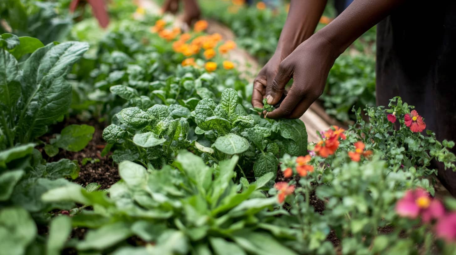 Hands tending to a lush garden with vibrant green spinach and colorful flowers. The focus is on the careful work of gardening, surrounded by a diverse array of plants and blooms.