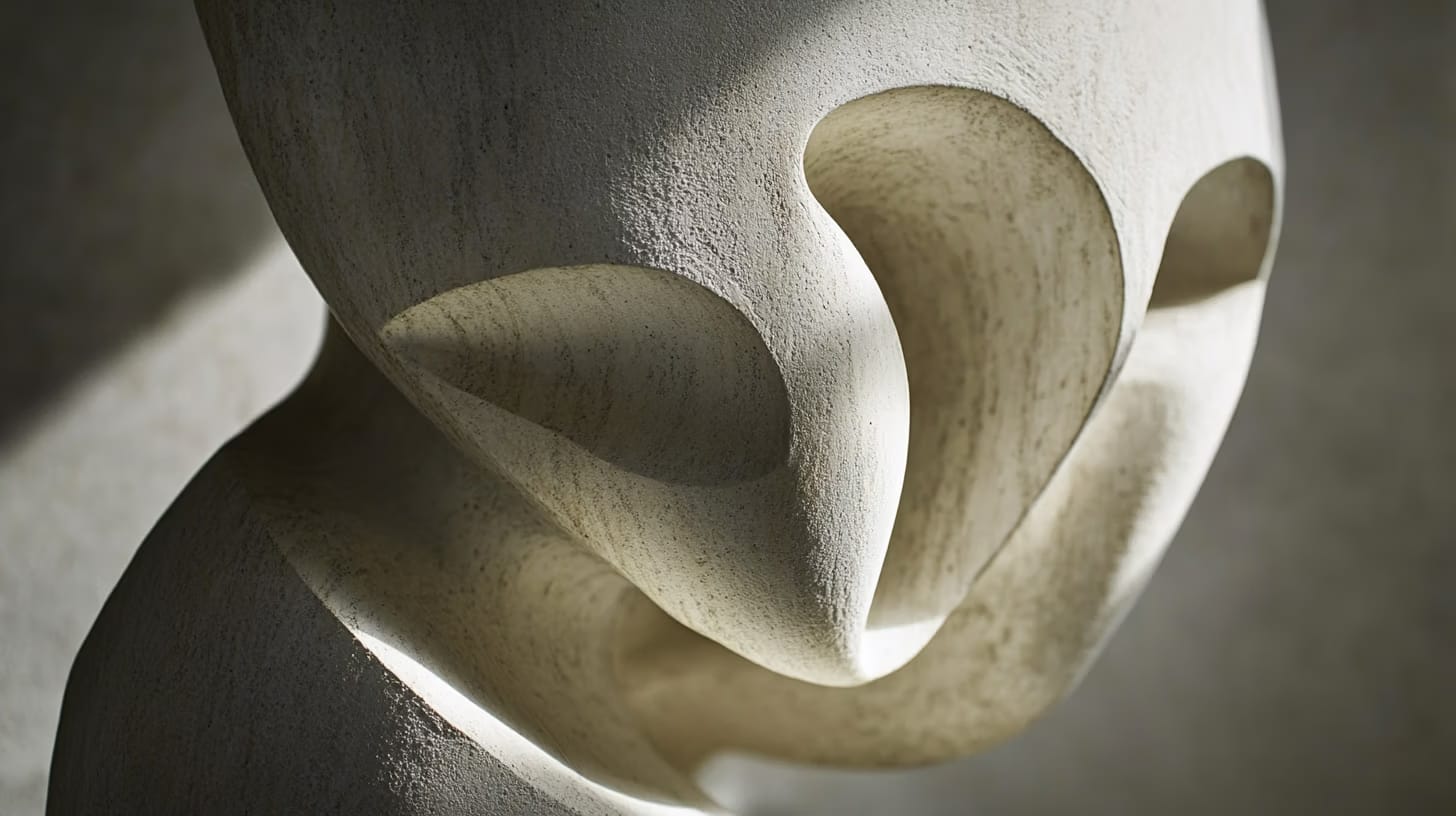 Close-up of a smooth, abstract stone sculpture with curved, flowing lines and a light, shadowy texture. The piece features smooth indentations and highlights that give it a serene, organic appearance.
