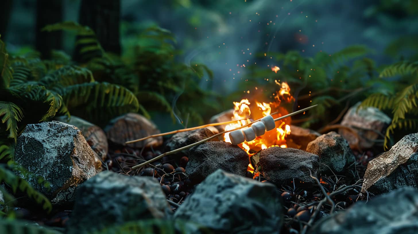 Two sticks hold marshmallows roasting over a campfire surrounded by rocks. Ferns and trees are visible in the background, creating a cozy forest setting.