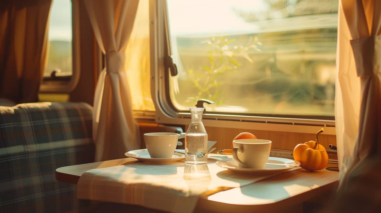 A cozy table inside a camper van with sunlight streaming in. The table is set with two cups, a carafe of water, a small pumpkin, and an apple, surrounded by plaid seating and light curtains. The window offers a view of the outdoors.