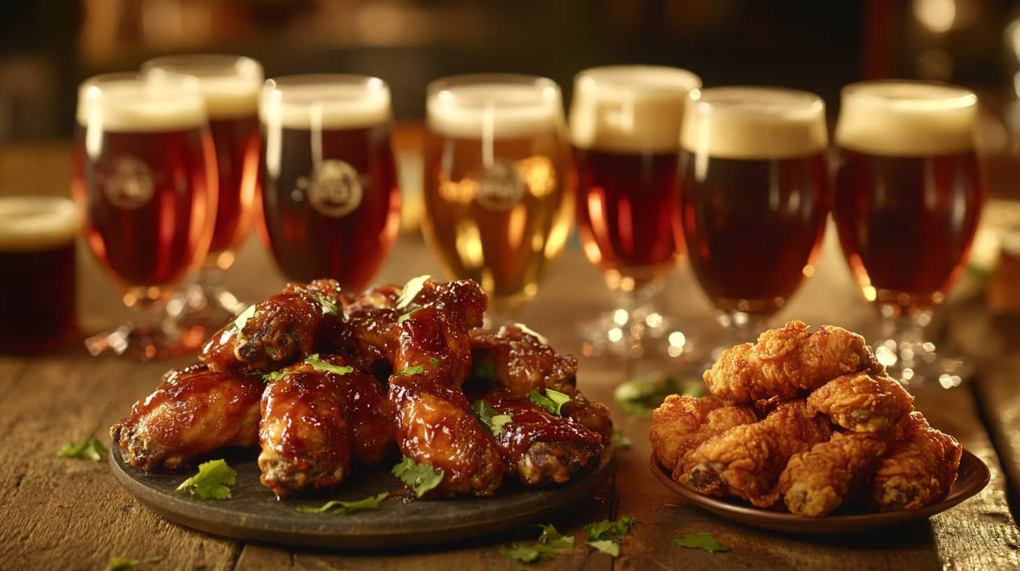 A rustic wooden table is set with plates of glazed chicken wings and crispy fried chicken. In the background, a row of frothy, amber-colored craft beers is lined up in glasses, creating a warm and inviting dining atmosphere.