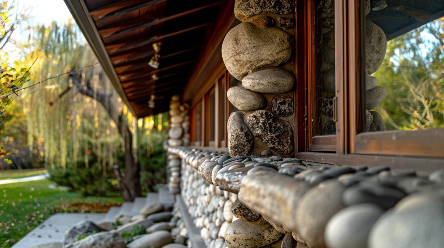A close-up of a rustic stone house wall with large rounded stones arranged decoratively. Wooden-framed windows reflect trees and sunlight. Nearby, a manicured lawn with trees creates a serene outdoor setting.