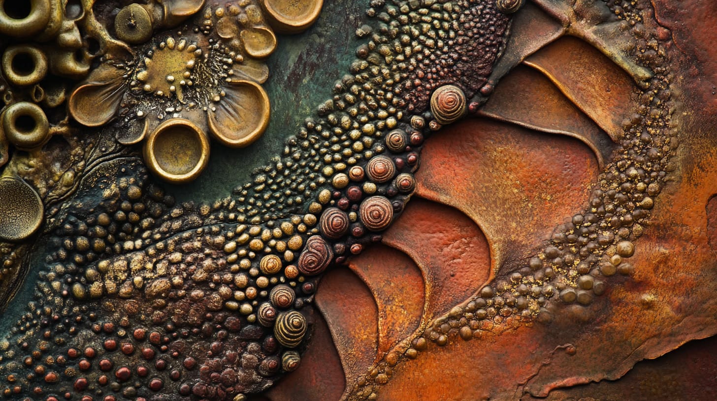A close-up of intricate textures resembling coral and organic shapes in earthy tones of brown, red, and gold. The surface features small circular patterns and raised, swirling designs, creating a rich, abstract scene.
