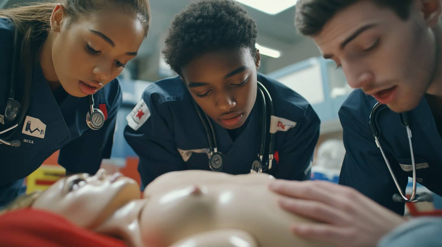 Three medical students practice CPR on a mannequin in a simulation lab. They are wearing dark blue scrubs and stethoscopes, focused on the exercise.
