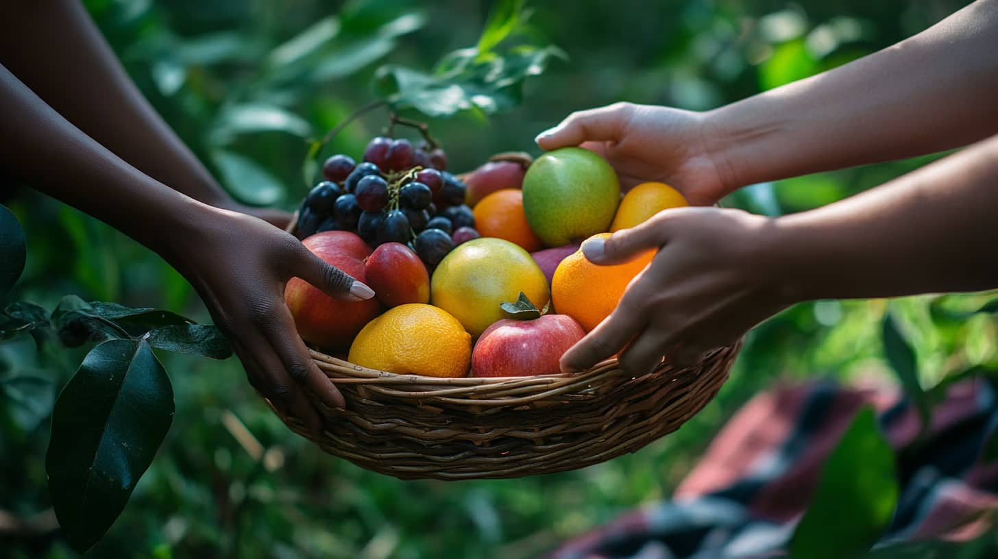 Two pairs of hands hold a basket filled with a variety of fruits, including apples, oranges, grapes, and a pear. The basket is surrounded by greenery and placed on a checkered blanket outdoors.