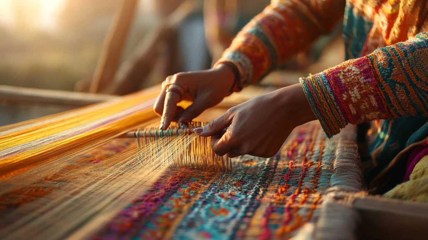 Hands weaving colorful threads on a loom, creating intricate patterns with vibrant hues. The sunlight softly illuminates the detailed textile work, highlighting the craftsmanship and vivid colors.