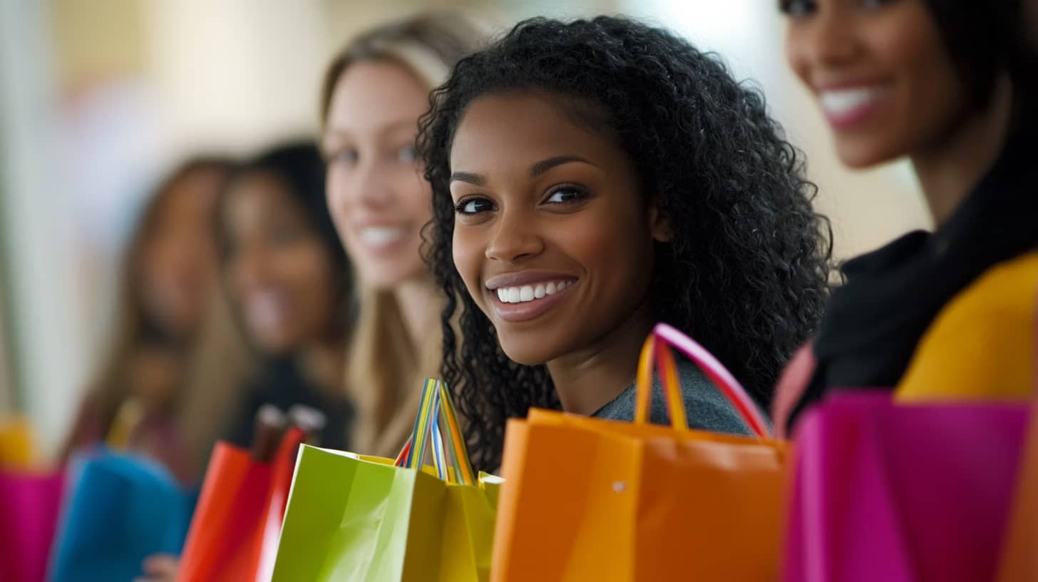 A group of women stand in a line, each holding colorful shopping bags. The focus is on a woman with curly hair, smiling brightly. The background is softly blurred, highlighting the vibrant bags and the women's cheerful expressions.
