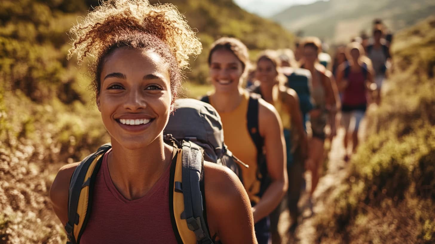 A group of smiling hikers walking in a line along a sunlit trail in a scenic, mountainous landscape. The focus is on a woman in the foreground with curly hair, wearing a backpack and tank top.