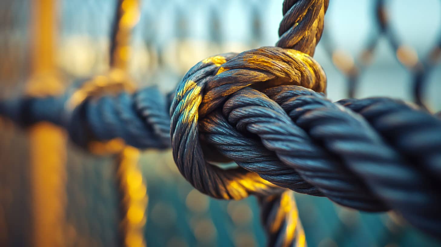 Close-up of a thick rope tied securely in a knot, with soft focus in the background. The rope is illuminated by warm sunlight, giving it a golden hue. The blurred background suggests a setting by a fence or railing, with a nautical or industrial vibe.