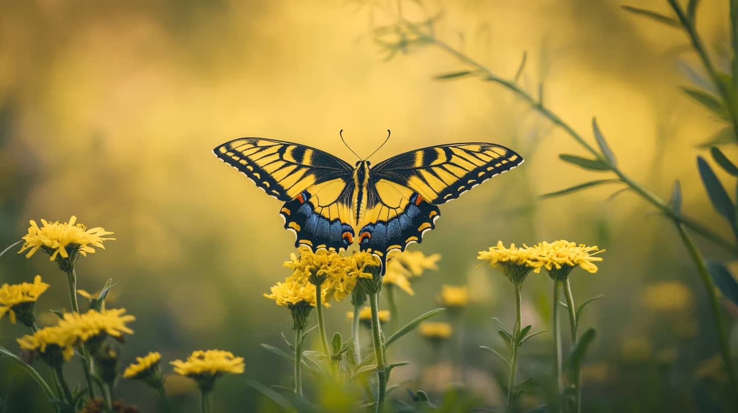 A vibrant butterfly with black and yellow wings rests on a cluster of yellow flowers, set against a soft-focus background of greenery and more flowers, creating a serene, natural scene.