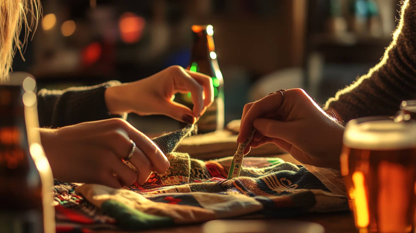 Two people sitting at a cozy table, working on a colorful knitted piece. Warm lighting casts a soft glow on the table, which is also adorned with bottles and a glass of beer, creating a relaxed and creative atmosphere.