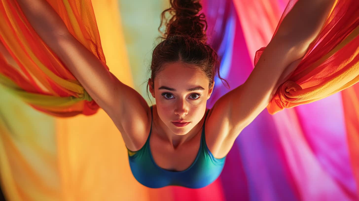 A person suspended in colorful silk aerial fabric performs an acrobatics move. The background is a vibrant array of rainbow-colored silks. The individual appears focused and graceful in the pose.