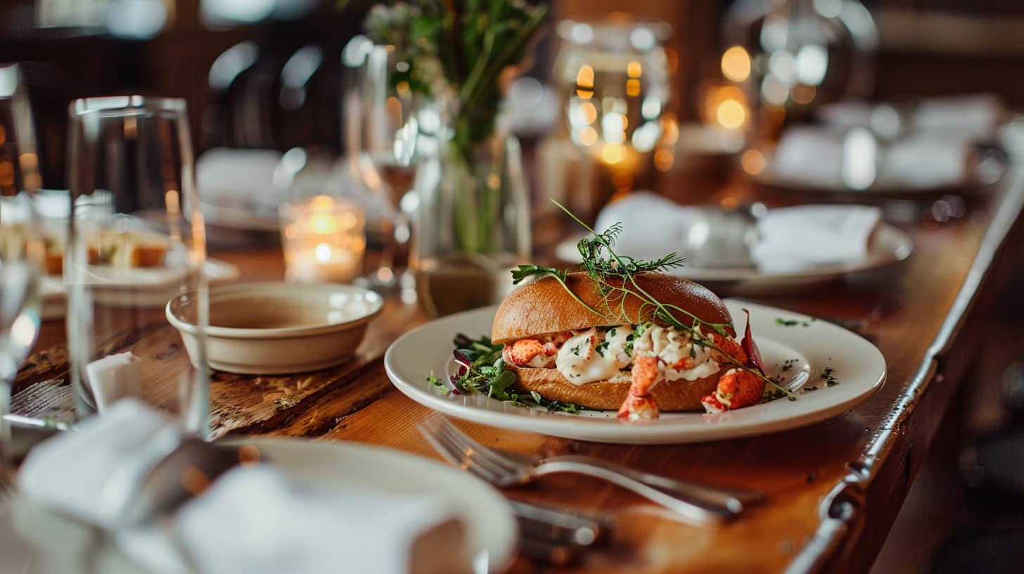 A beautifully set table with a lobster roll on a white plate as the centerpiece. Dim candlelight creates a cozy, elegant atmosphere. Fresh greens garnish the dish, and folded napkins with cutlery are arranged on the wooden table.