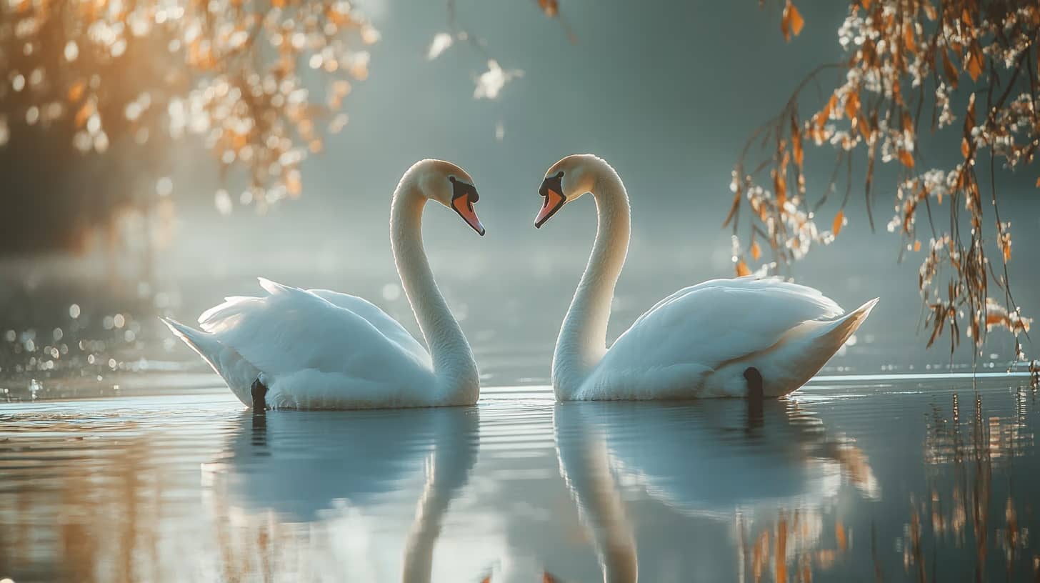 Two swans gracefully float on a tranquil lake with golden sunlight filtering through autumn leaves hanging above. Their reflections shimmer on the calm water, creating a serene and picturesque scene.