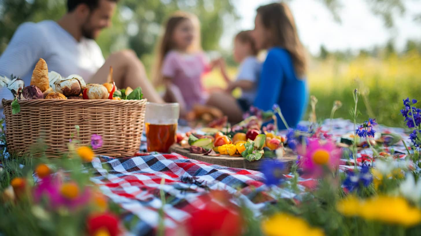 A family enjoys a picnic in a vibrant meadow. A basket and various snacks are arranged on a checkered blanket. Colorful wildflowers surround them, and the family is softly blurred in the background, creating a warm, summery atmosphere.