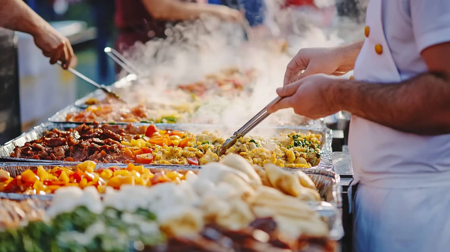 A chef uses tongs to prepare a variety of colorful grilled vegetables and meats on a steaming outdoor grill. The focus is on the vibrant array of food, including peppers, broccoli, and chicken, with a blurred background of people and more dishes.